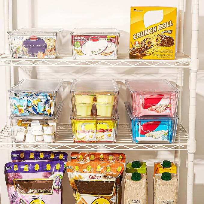 Vtopmart 8pcs Clear Organizers and Storage Bins with Lids, Stackable Plastic Storage Containers with Handles for Fridge, Freezer, Pantry, Cabinet, Kitchen Organization (Pack of 2)