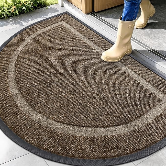 OLANLY Half Circle Front Door Mat Outside 47x32 All-Season Rubber Doormat | Brown, Absorbent, Heavy-Duty, Stain and Fade Resistant, Waterproof Non-Slip Backing, Low-Profile Indoor Outdoor Entryway Mat