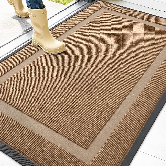 OLANLY Front Door Mat Outside 47x32, All-Season Heavy-Duty Rubber Doormat | Light Brown, Absorbent, Stain Fade Resistant, Waterproof Non-Slip Backing, Low-Profile Indoor Outdoor Floor Mat for Entryway