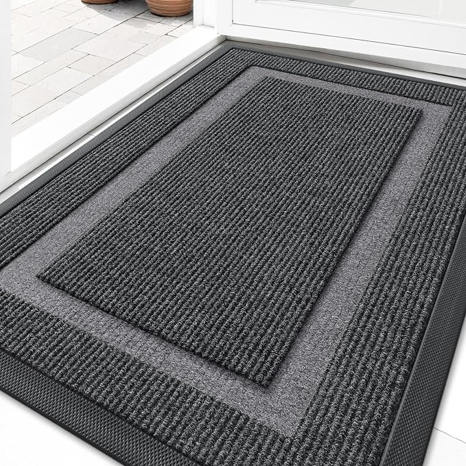 OLANLY Front Door Mat Outside 33x21, All-Season Heavy-Duty Rubber Doormat | Grey, Absorbent, Stain and Fade Resistant, Waterproof Non-Slip Backing, Low-Profile Indoor Outdoor Floor Mat for Entryway