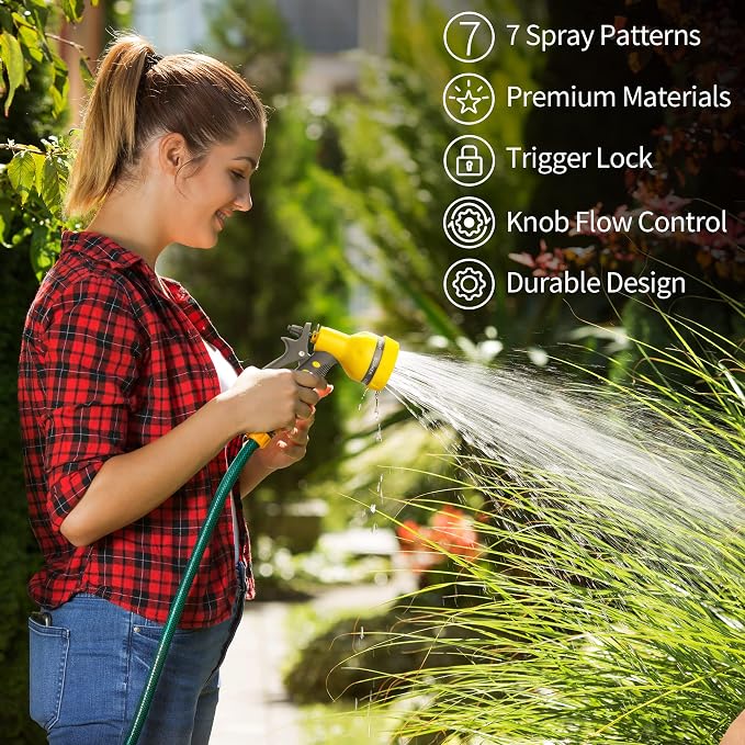 AUTOMAN-Garden-Hose-Nozzle,ABS Water Spray Nozzle with Heavy Duty 7 Adjustable Watering Patterns,Slip Resistant for Watering Plants,Lawn& Garden,Washing Cars,Cleaning,Showering Pets - Yellow