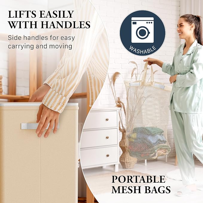 Simple Houseware Foldable Laundry Hamper Basket with Lid and Bag, Beige | Heavy Duty 600D Polyester, Water-Resistant Surface