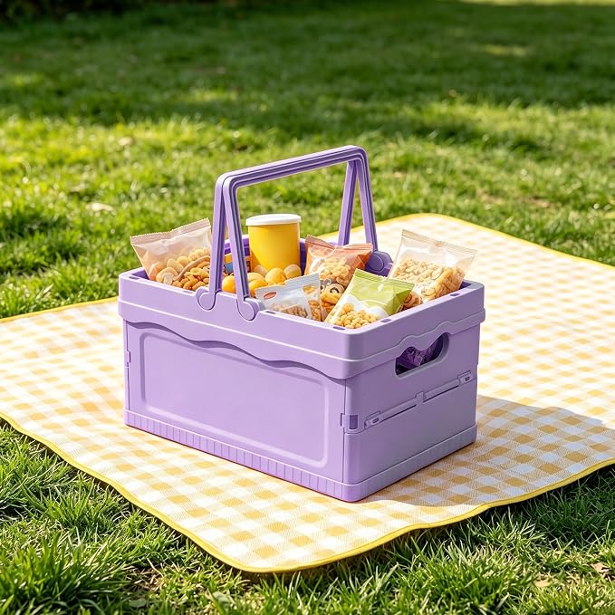 Foldable Small Plastic Baskets with Lids and Handles for Organizing,Collapsible Storage Crates, Stackable Bins for Home Kitchen Bedroom Bathroom Office (Purple, 12 * 8 * 7)