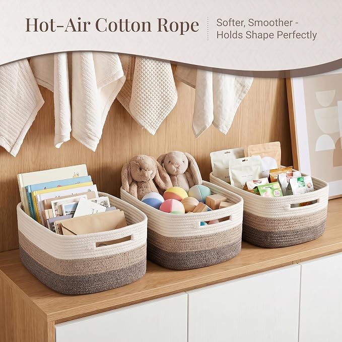 5 Pack Storage Baskets for Shelves, 17"x13"x7.5" & 7"x7"x3.5" | Cotton Rope Woven Baskets for Organizing, 2 Sizes Organizer Bins, Baskets for Shelves, Nursery, Toys, Closets, Laundry & Home