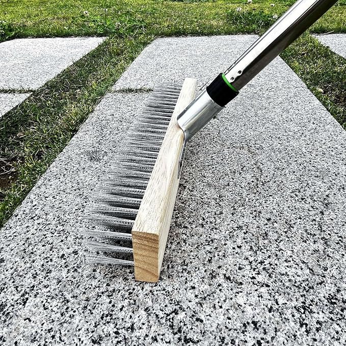 Heavy Duty Deck Scrub Brush with Long Handle, Stainless Steel Wire Stiff Outdoor Indoor Floor Brush for Powerful Cleaning, Concrete, Moss, Grout, Tile, Garage, Garden