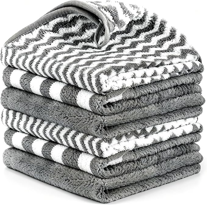 Microfiber Cleaning Cloths, 6 Pack Gray Kitchen Towels | 13.5x29 Inch, Ultra Soft Super Absorbent, Lint Free Dish Towels with Hanging Loop, Reusable for Household Cleaning