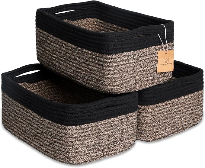 NaturalCozy 13.5”x8.5”x5.5” Rectangle Storage Baskets for Shelves 3 Pack | Cotton Rope Woven Small Baskets for Organizing | Small Storage Bins for Nursery, Bathroom, Closet, Shelf, Decorative