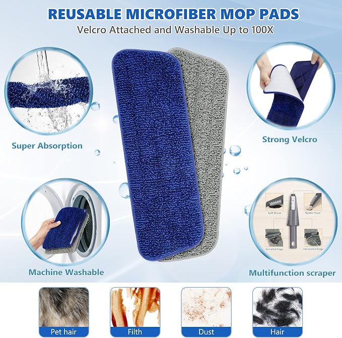 BPAWA Spray Mops for Floor Cleaning: Wet Microfiber Mop for Hardwood Tile | 4 Washable Pads fit for Swiffer PowerMop, 1 Refillable Bottle, Wet Dry Use for Home Kitchen Wood Laminate Vinyl Marble Floors