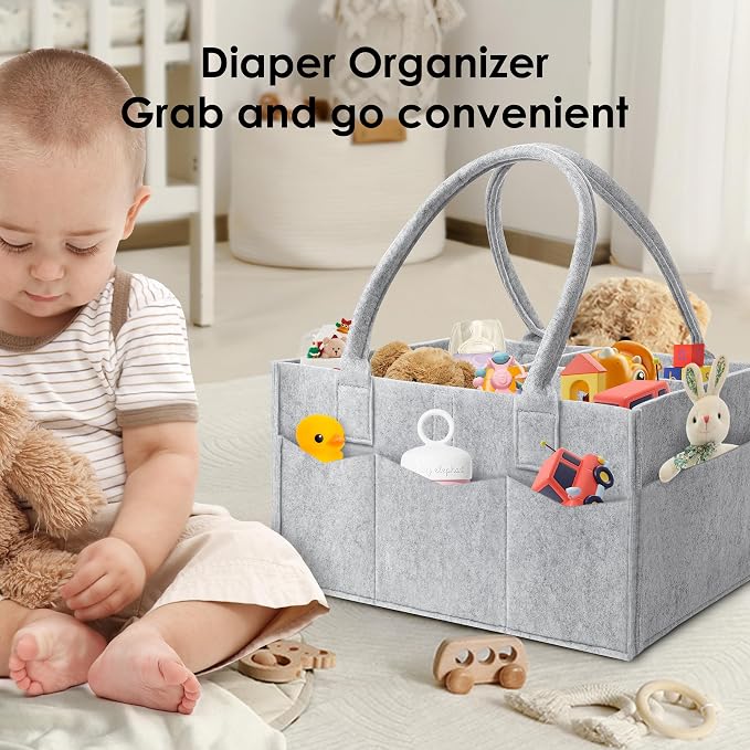 HIPHOP PANDA 2-Pack Diaper Caddy Organizer - Nursery Storage Bin & Car Organizer for Diapers, Wipes, and Baby Essentials - Dual-Color Solid Set (Grey/Green), Regular Size