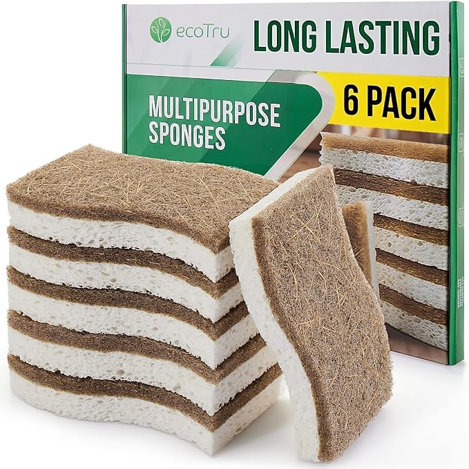 6 Pack Washing Up Sponges, Eco Kitchen Dish Cleaning Sponges, Biodegradable & Compostable Natural Cellulose Sponge with Coconut Fibre Scrubber, Non Scratch Heavy Duty Scouring Pad