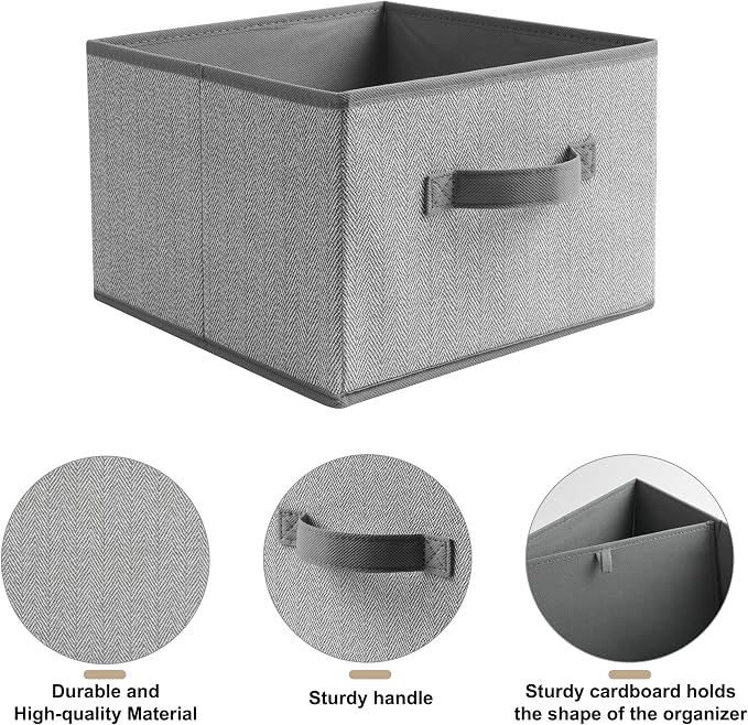 11 inch Storage Baskets, Woven Fabric Bins, Storage Cubes with Reinforced Handles, Organizer Bins for Closet Shelves, Foldable, for Clothes (Gray, 4PCS/11*11*7.8inch)