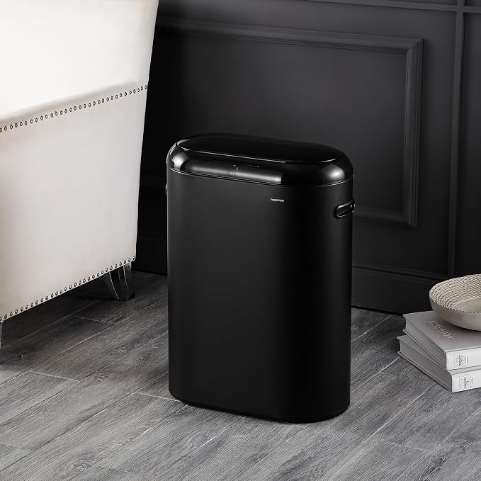 happimess 13.2 Gal Oval Motion Sensor Trash Can, Charcoal Black | Oval, Motion Sensor, Touch Mode, Soft Close Lid, Powder Coated Iron, Side Handles, 17.7" W x 9.84" D x 24.2" H