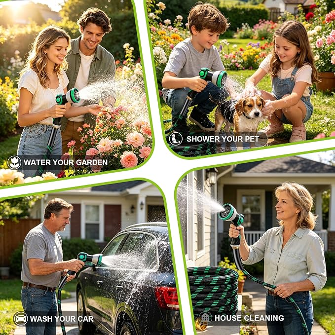 Garden Hose 25FT, Ultra Lightweight with 10-Function Nozzle | Kink-free & leak-proof 25FT hose. Ultra-lightweight 2.8 lbs, durable fittings, 10-pattern nozzle. Includes 3 extra washers.