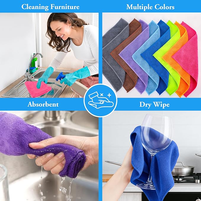 lucdnc Microfiber Cleaning Cloths 16 Pack 8 Colors 11.5"x11.5" | Soft Lint-Free Cleaning Rags for Home, Kitchen, Bathroom, Car, Wet & Dry Use
