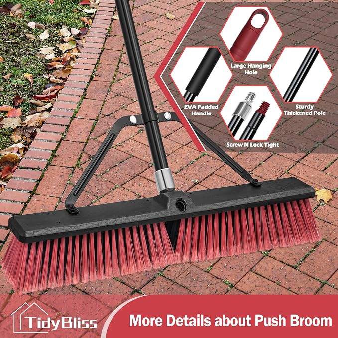 TidyBliss 24” Push Broom Outdoor Heavy Duty, Large Commercial Stiff Bristle Brush with 63 inches Long Handle for Garage Shop Garden Yard Patio Deck Street Warehouse Lawn Driveway (Red)