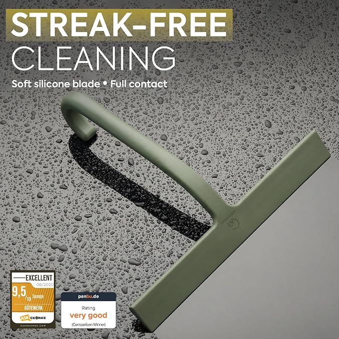 Shower Squeegee for Glass Doors, 10″ Green with No-Drill J-Hook | Hang Anywhere Without Adhesive, Seamless One-Piece Silicone, Encased Steel Core, Streak-Free Shower Squeegee for Glass & Tile