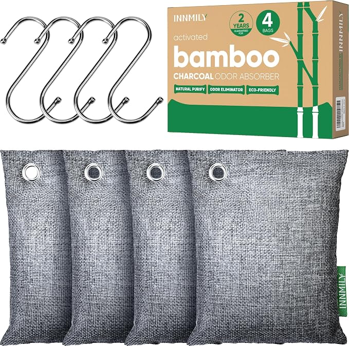 Activated Charcoal Odor Absorber,Large 4x200g w Hooks Nature Odor Eliminator for Strong Odor,Bamboo Charcoal Air Purifying Bags,Moisture Absorbers for Fresh Home Car Closet Pet,Smoke Smell Deodorizer | Bamboo Charcoal Air Purifying Bags,Moisture Absorb...