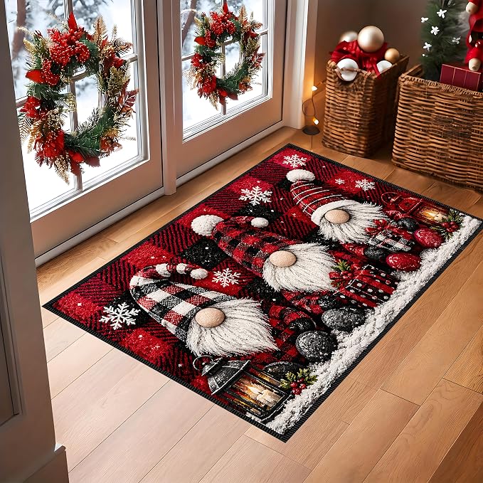 Christmas Gnome Area Rug 15.7x23.6 Inch, Faux Cashmere Non Slip Floor Mat, Red Black Plaid Holiday Rug for Entryway Bedroom Kitchen (Three Gnomes, 15.7x23.6inch)