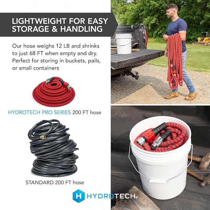 HydroTech Pro Series 200 ft Max Flow Garden Hose, 3/4 in Diameter | Patented Force Control Technology delivers 2x max water flow with lightweight, kink-free performance and compact storage.
