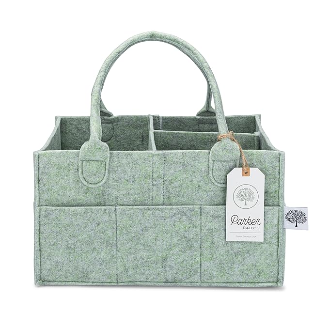 Parker Baby Co. Felt Diaper Caddy Organizer - Regular, Sage | Portable nursery storage bin for diapers, wipes, bottles & baby essentials for home/car. Soft felt, foldable design 13x9x7"