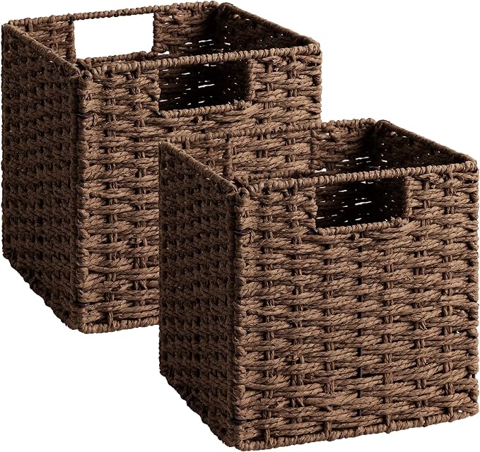 StorageWorks 9 inch Cube Storage Bins, Wicker Baskets for Storage, Brown | 2-Pack, Handwoven Wicker Storage Cubes,Paper Rope Square Cube Organizer Bins,Foldable,Baskets for Organizing,9x9 Storage Cube