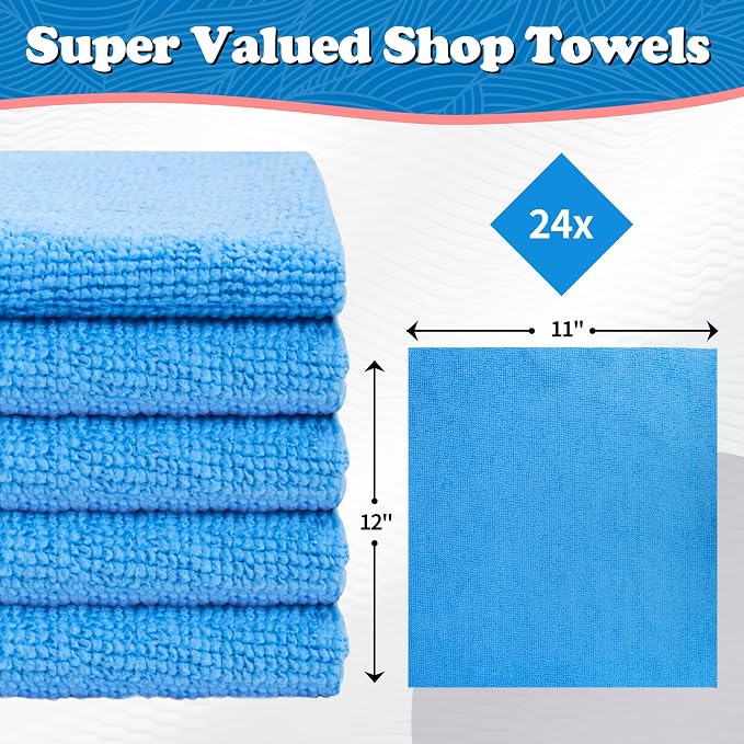 Microfiber Cleaning Cloth, Shop Towels Bulk, 24 Pack Blue Microfiber Towels for Cars, All-Purpose Absorbent Cleaning Rags, Dust Cloth for Automotive, Mechanic, Garage, Bar, 12 x 11 inch
