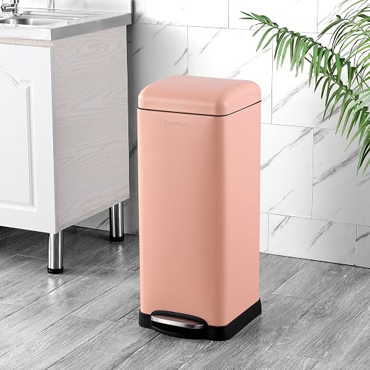 happimess Betty 8 Gal Step Trash Can Soft-Close Lid, Flamingo Pink | Removable Liner, Semi-Rectangular, Steel Pedal, Iron Powder Coated, 27" Height, Non-Skid Base