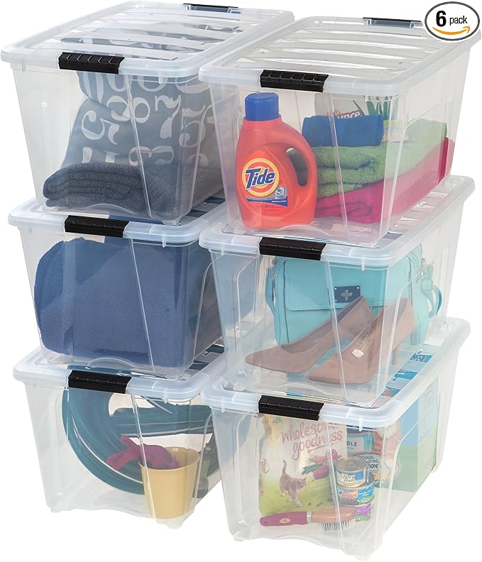 IRIS USA 6-Pack 54 Quart Storage Bins with Lids, Clear | Transparent design makes contents easy to find. Perfect for moving, blankets, clothing, and garage storage. Nestable design