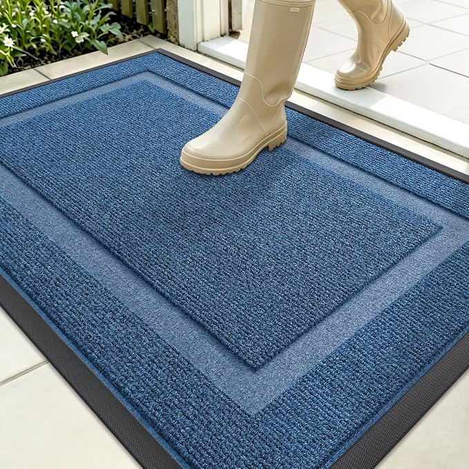 OLANLY Front Door Mat Outside 35x23, All-Season Heavy-Duty Rubber Doormat | Light Blue, Absorbent, Stain Fade Resistant, Waterproof Non-Slip Backing, Low-Profile Indoor Outdoor Floor Mat for Entryway