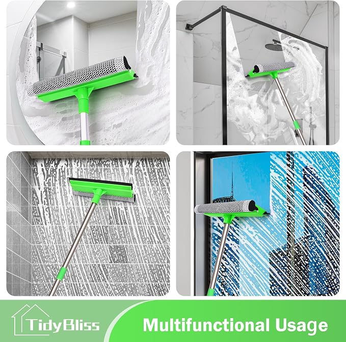 TidyBliss Window Squeegee Professional, 56” Car Windshield Glass Cleaner Tool with Extension Pole, Long Handle Household 10 inches Washer Sponge Scrubber Kit for Cleaning Home Mirror Outdoor (Green)