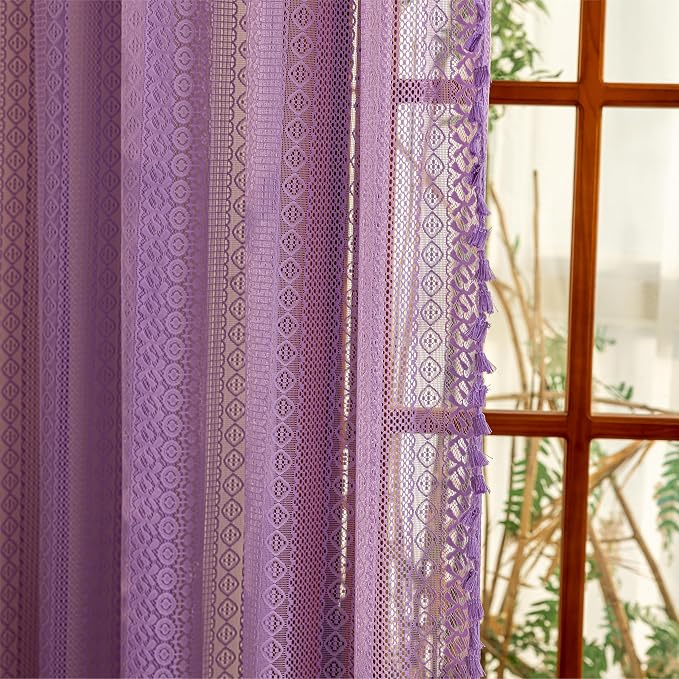 Sutuo Home Lavendar Boho Lace Curtains for Kitchen Kid's Room, Semi Sheer Macrame Bohemian Cottagecore Farmhouse Fringes Crochet Vintage Chic Window Treatment Drapes, Rod Pocket 1 Panel 59" W x 63" L