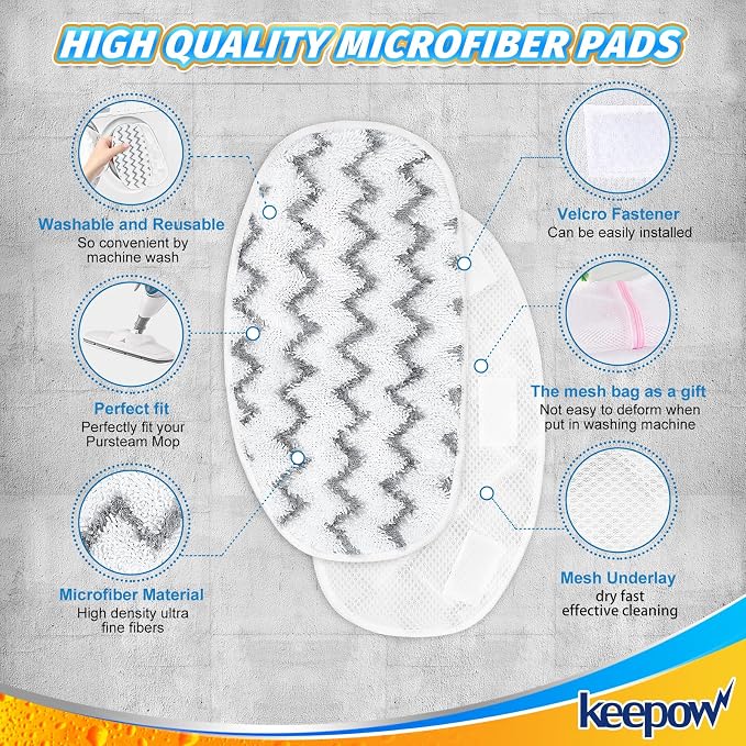 KEEPOW 4 Pack Heavy-Duty Steam Mop Pads Compatible with PurSteam ThermaPro 10-in-1 | Extra Thick Microfiber Replacement Pads for Deep Floor Cleaning & Sanitizing (ThermaPro 211)