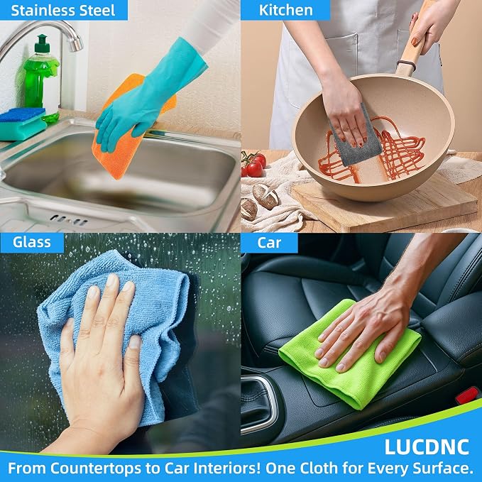 lucdnc Microfiber Cleaning Cloths 16 Pack 8 Colors 11.5"x11.5" | Soft Lint-Free Cleaning Rags for Home, Kitchen, Bathroom, Car, Wet & Dry Use