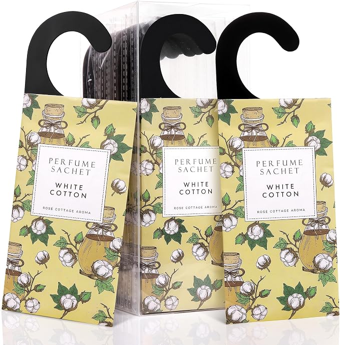 Large 12 Packs White Cotton Hanging Scented Sachets Long-Lasting Closet Deodorizer Air Freshener Fabric Refresher Odor Eliminator for Drawer Home Fragrance Gift Set
