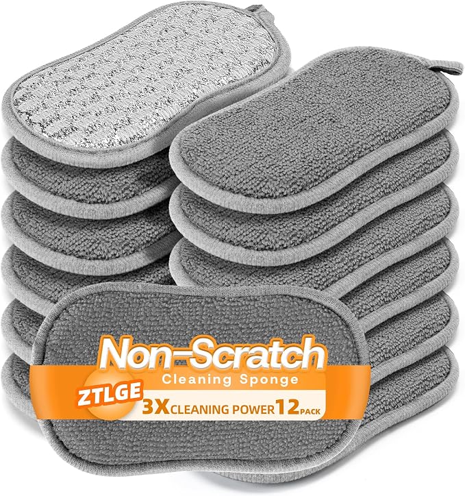 Multi-Purpose Dish Sponges Kitchen, Dual-Sided Non Scratch Scrub Sponges | 12Pack Reusable Cleaning Sponges with Microfiber & Metal Scrubber，Sponges for Dishes, Pots, Glass, Sink, Stovetop & Bathroom