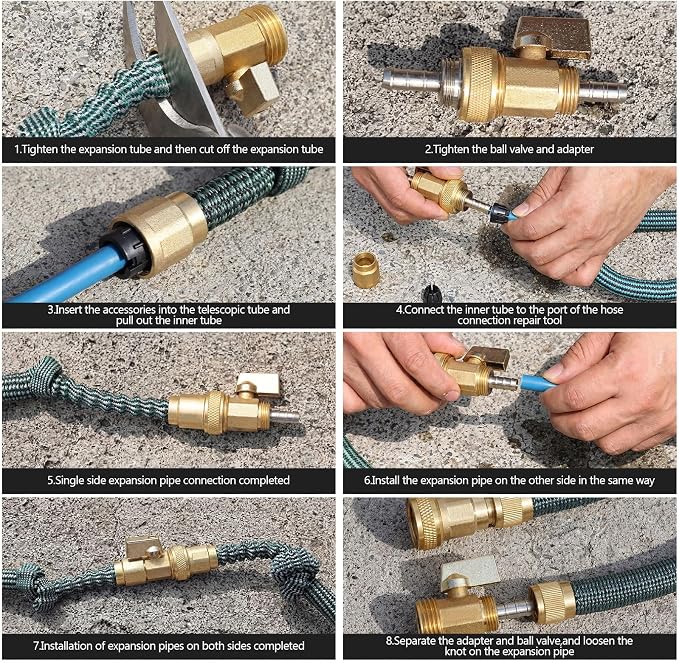 Hicarer Expandable Garden Hose Repair Kit with Shut Off Valve, 4 Set Heavy Duty Brass Telescopic Hose Adapter Fittings for Retractable Water Hoses with 3/4'' Rubber Gaskets