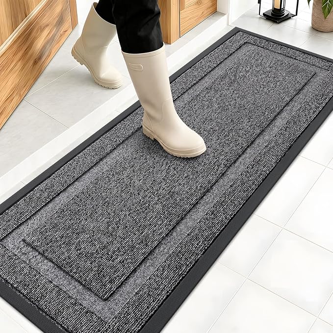 OLANLY Front Door Mat Outside 47x17, All-Season Heavy-Duty Rubber Doormat | Black and White, Absorbent, Stain and Fade Resistant, Non-Slip Backing, Low-Profile Indoor Outdoor Floor Mat for Entryway