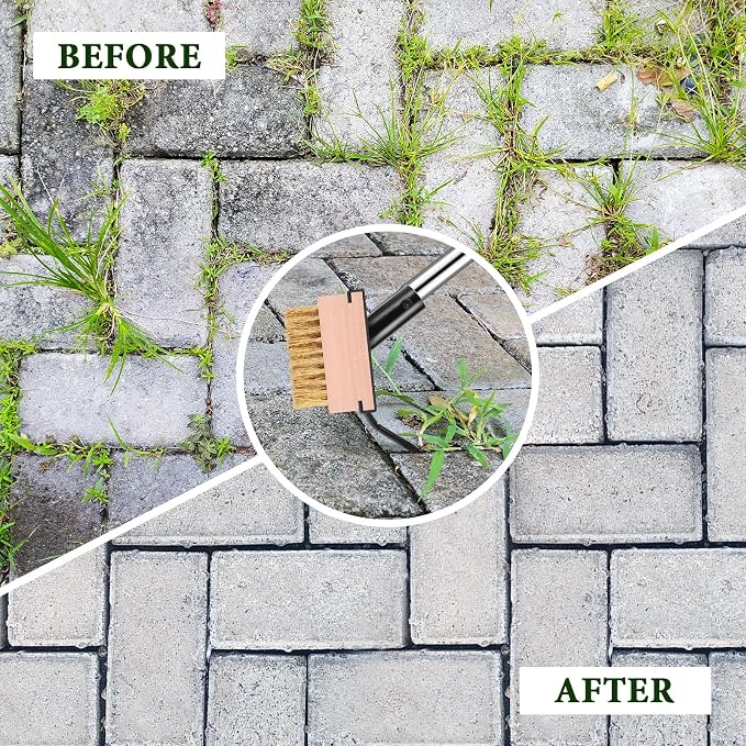 MUDEREK Crack Weeder Tool - Weed Puller Tool with 2 Heads and Scraping Hook | Paver Weeding Moss Remover Brush with Adjustable Steel Handle for Cleaning Paving Joint Sidewalk Patio Stone Driveway Deck