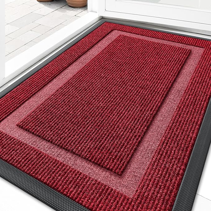 OLANLY Front Door Mat Outside 29.5x17, All-Season Heavy-Duty Rubber Doormat | Wine Red, Absorbent, Stain and Fade Resistant, Waterproof Non-Slip Backing, Low-Profile Indoor Outdoor Floor Mat for Entryway