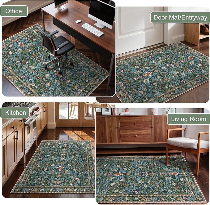 Anidaroel 36"x48" Office Chair Mat for Hardwood Floor/Tile Floor, Vintage Desk Rug for Office, Anti-Slip Office Rugs for Rolling Chairs, Low Pile Offices Chair Rug,Navy Blue Floral Bird