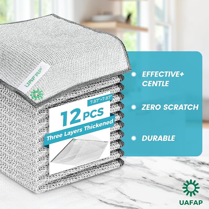 12pcs Upgrade 3-Layer Non-Scratch Steel Wool Dish Rags for Washing Dishes | Wet & Dry Clening, Effortlessly Strips Stuck-on Grime, Great for Cookware, Sinks, Dishes and Stove tops 7.87“ x 7.87”
