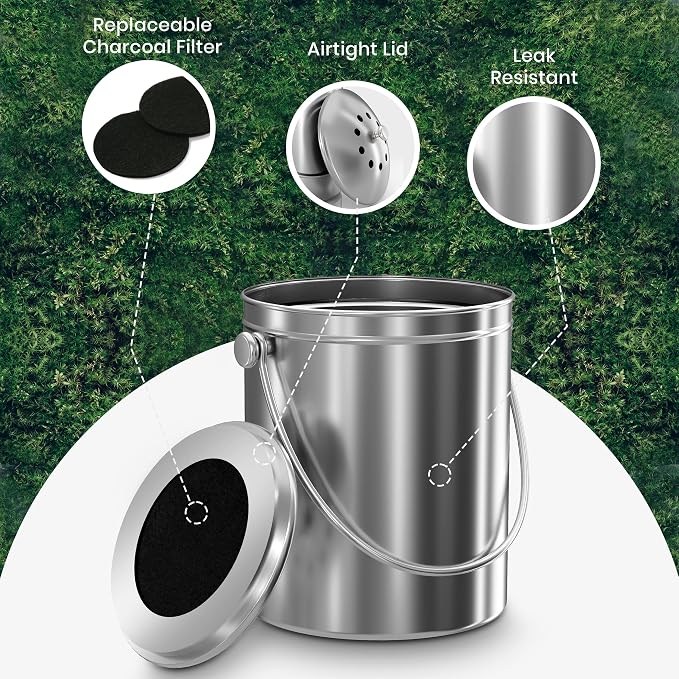 Utopia Kitchen Countertop Compost Bin 1 Gallon, Stainless Steel, Silver | Odorless countertop compost bin with charcoal filter, ideal for food scraps and waste
