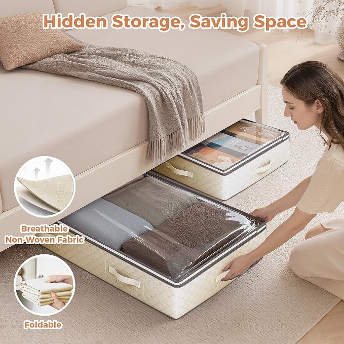 Budding Joy 95L Underbed Storage Containers, 4 Pack Closet Organizers Beige | Underbed Storage Bags for Blankets, Towels, Comforter, Sweaters, Linen Sheets, Wrapping Paper