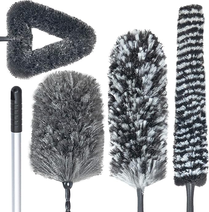 Feather Duster Kit with 5.6ft Extension Pole, 4 Dusting Brush for Cleaning Home Wall Ceiling Fan Cobweb, Microfiber Static Washable Dusters, Black Dark Gray