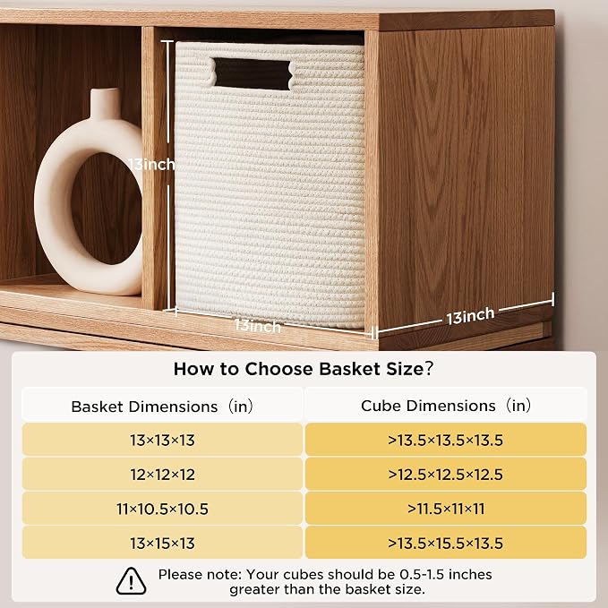 UBBCARE Set of 4 Storage Basket-13 X 13 X 13 in, Cotton Rope Basket for Shelves, Toys, Book, Cube Storage Bins with Handles, Woven Storage Basket for Organizing, White/Grey