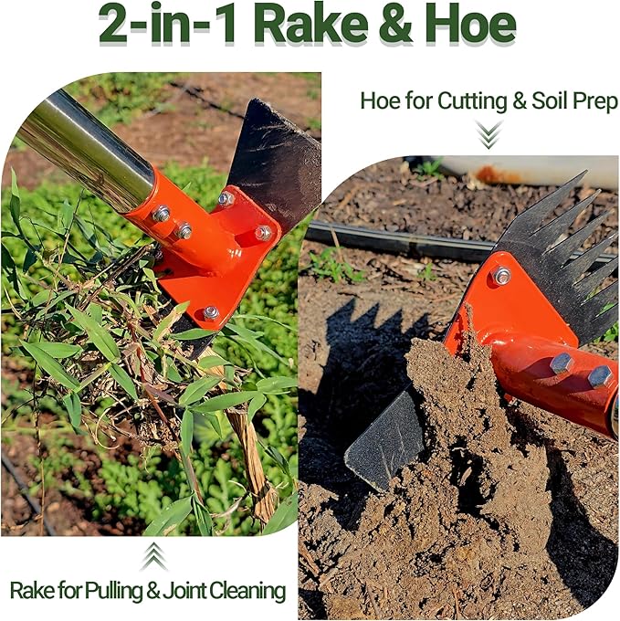2-in-1 Garden Hoe and Weed Puller Rake 60 Inch Spring Steel Head | Adjustable Long Handle Weeding Tool Heavy Duty Sand Texture Finish, Weed Remover for Garden, Yard, Lawn, Driveway
