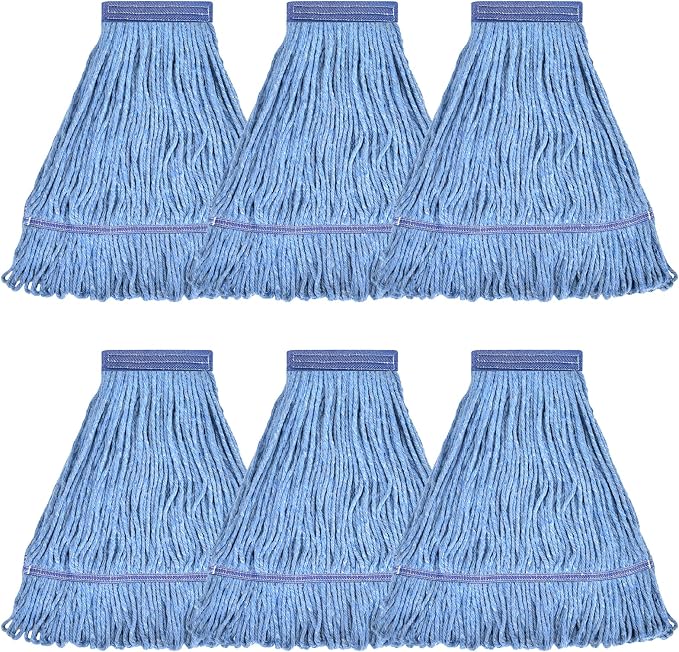 Matthew Cleaning Heavy Duty Mop Head Commercial Replacement for General and Floor Cleaning , Wet Industrial Blue Cotton Looped End String Head Refill (Pack of 6) Blue