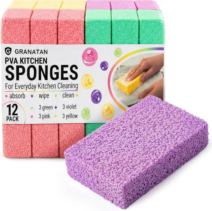PVA Household Cleaning Sponges, Cleaning Water Absorbent Sponge for Glass, Countertops, Bathroom, Kitchen, Walls, Baseboards, Car, Non Abrasive Long Use Multipurpose Sponge, 12 Pack, 4 Colors