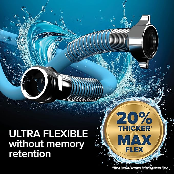 Camco EVOFlex 50-Ft RV Drinking Water Hose - Features Extra Flexible Design w/Stainless Steel Strain Relief Ends - Lead-Free, BPA-Free and Phthalate-Free - 5/8” Inside Diameter (22596)