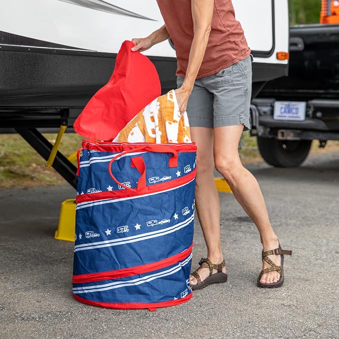 Camco Campsite Pop Up Utility Container with Liner and Zipper Close Lid for RV Storage, Laundry Hampers, and Organization, Patriotic